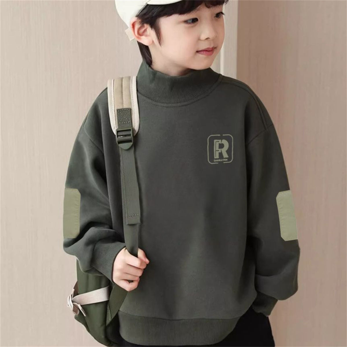 Winter plus velvet fashionable letter casual color matching style bottoming shirt for middle and large boys