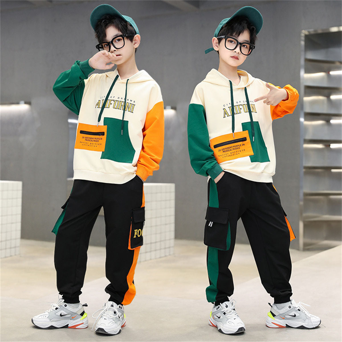 Middle and large boys autumn color matching fashionable bright color hooded sweatshirt suit