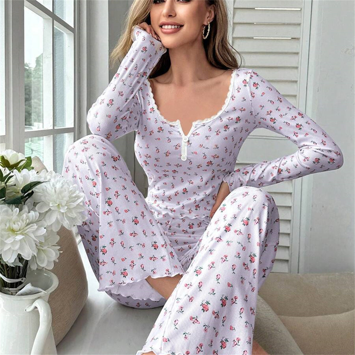 Home wear long sleeve long pants pajamas two piece set