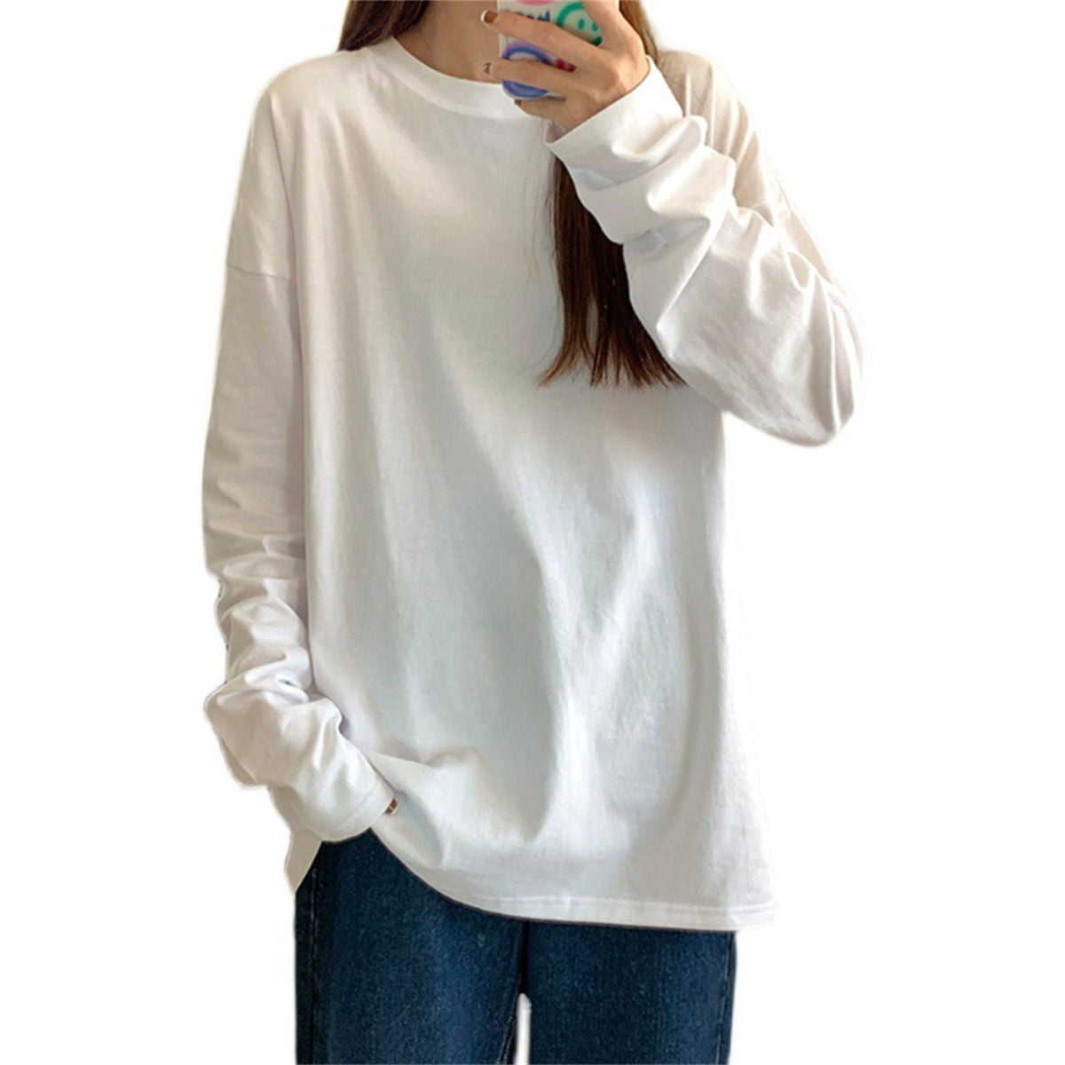 Women's white bottoming shirt with solid color long sleeve T-shirt