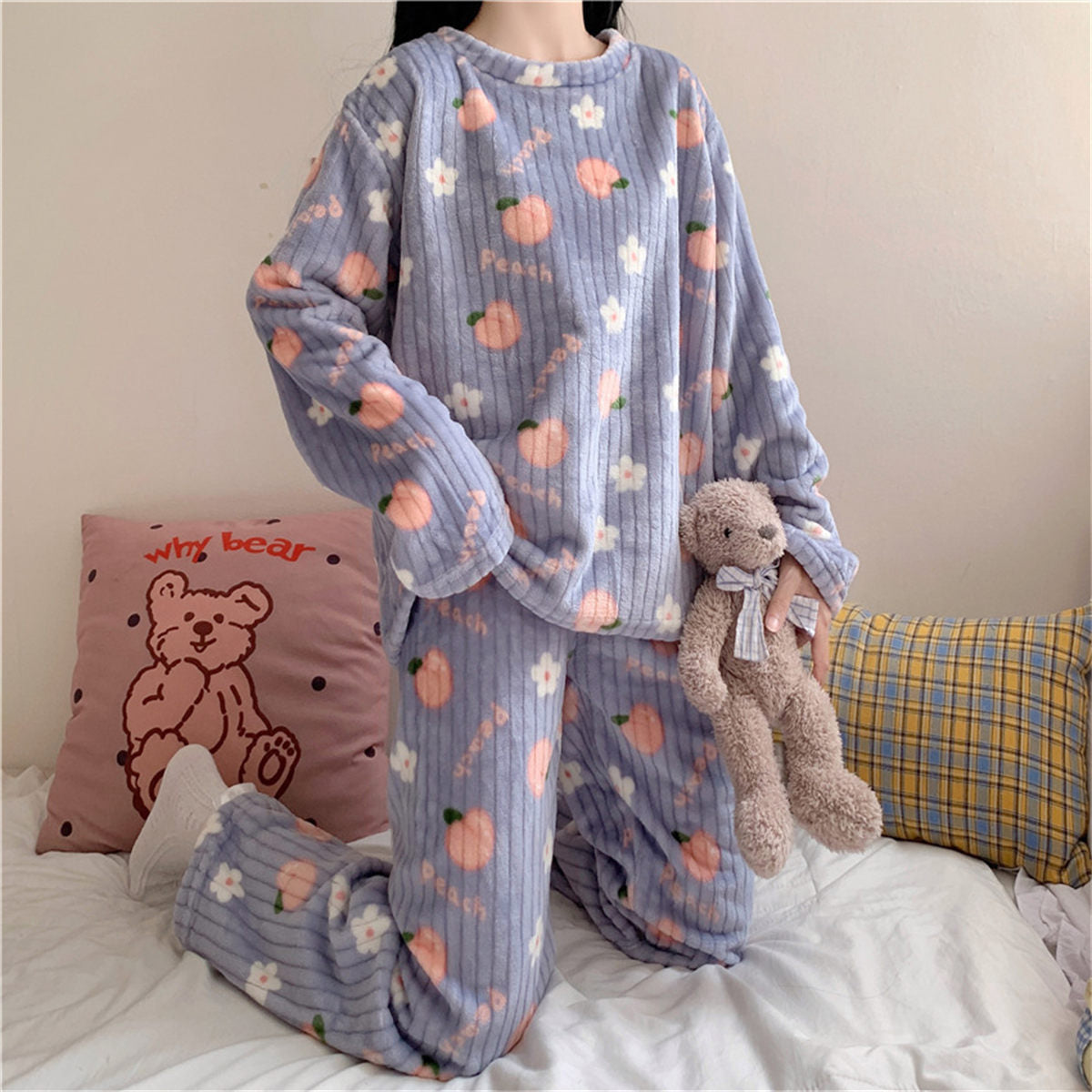 Bear bow print coral fleece suit home clothes