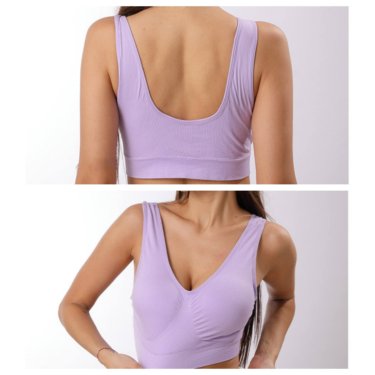 Women's vest style sports bra without underwire and with chest pads