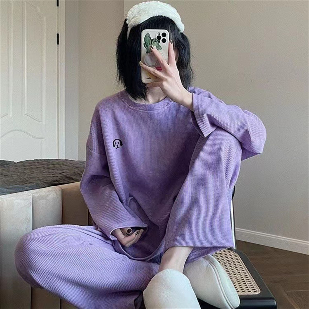 Long-sleeved waffle pajamas sweet girl round neck loose home clothes