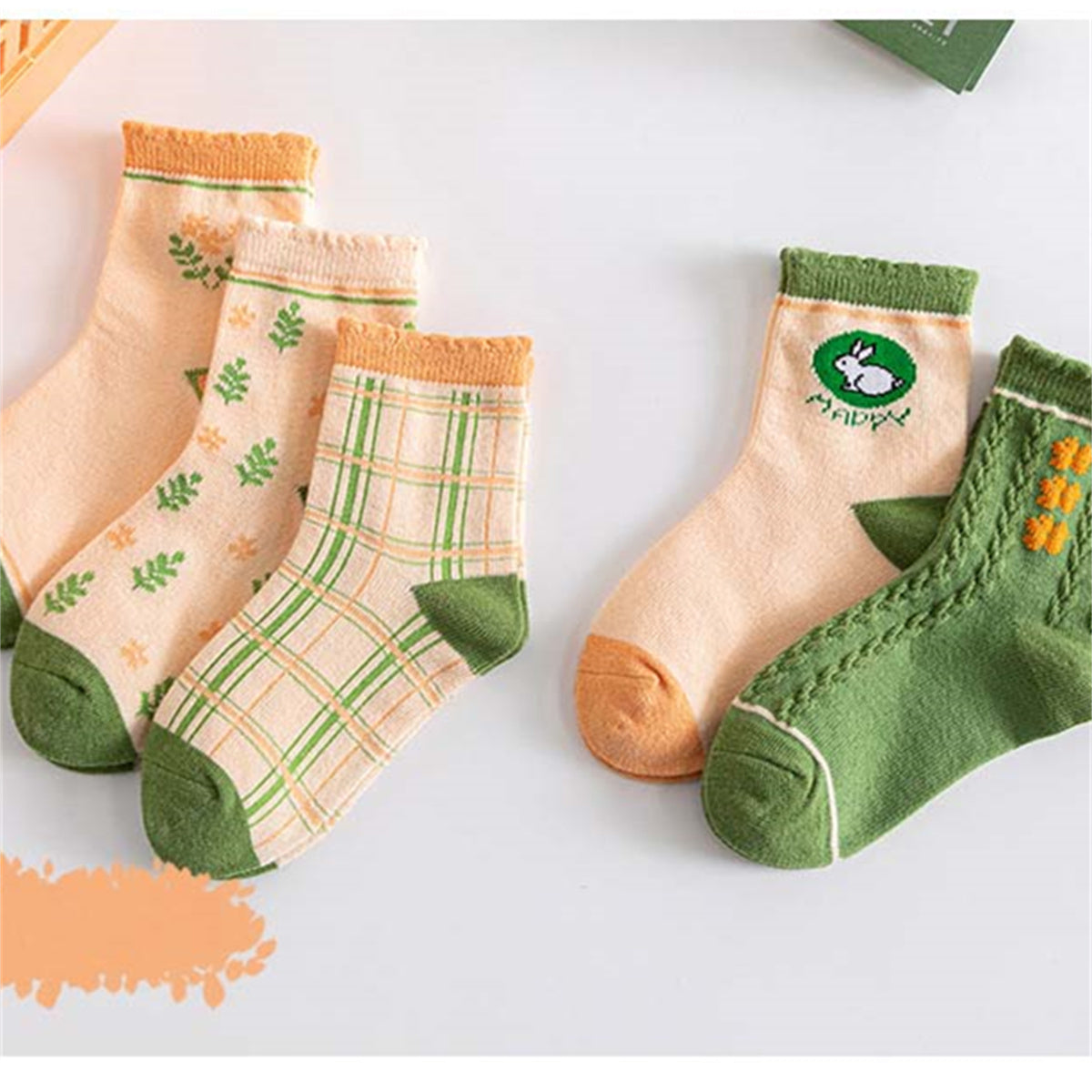 Children's girls autumn and winter fresh green soft skin-friendly breathable socks set