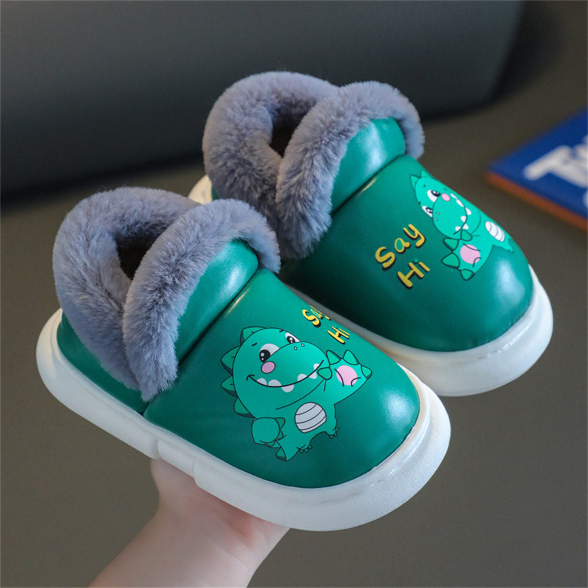 Children's boy's dinosaur waterproof warm plush home shoes with closed toe cotton slippers