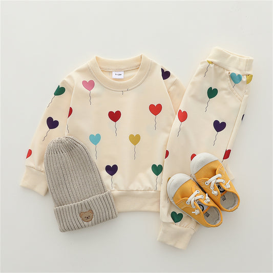 Baby Girls Spring and Autumn Love Balloon Pattern Long Sleeve and Pants Set