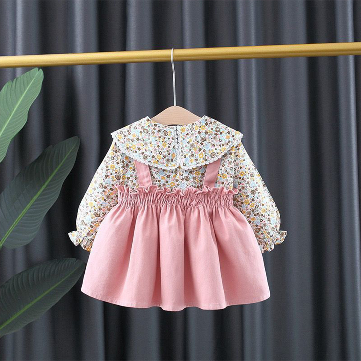 Spring and autumn new floral skirt girls fashionable fake two-piece dress