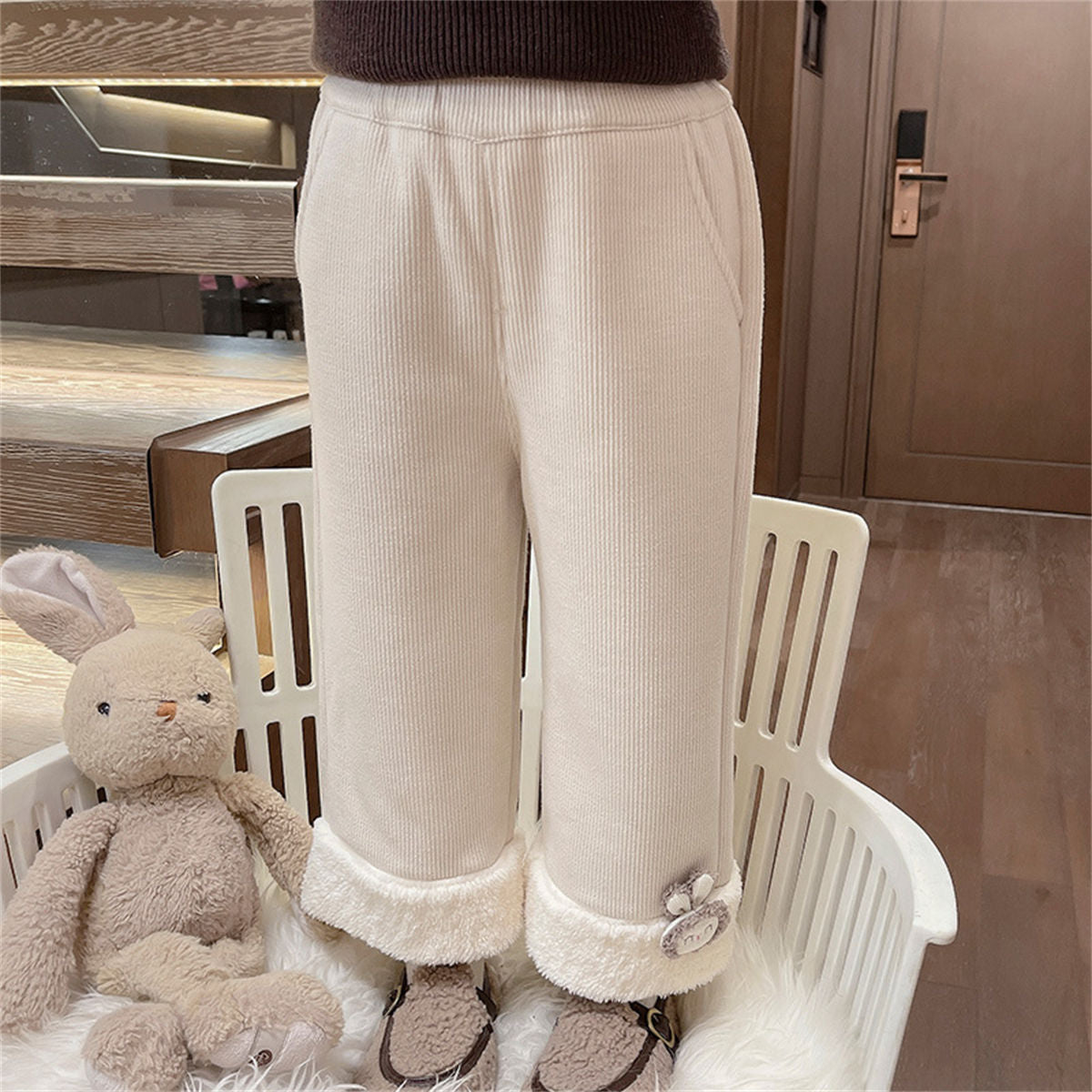 Winter cute solid color plush edge plush warm knitted trousers for middle and large children and girls