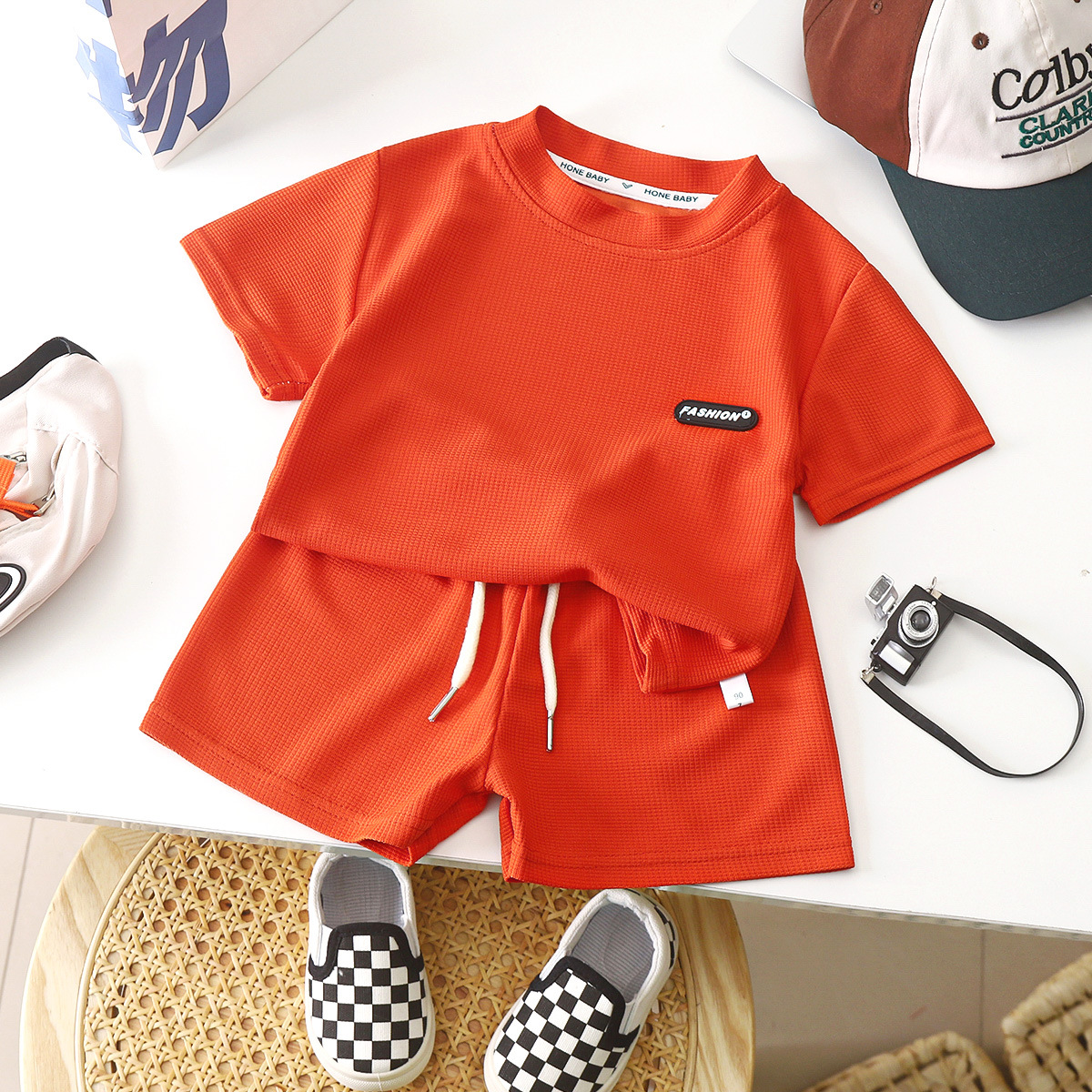 New style children's clothing summer children's leisure suit loose clothes boys short-sleeved waffle baby summer