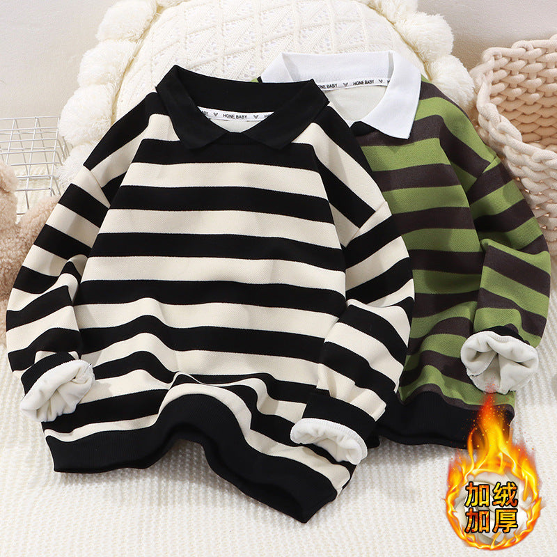 New autumn and winter boys' lapel polo shirt striped sweatshirt