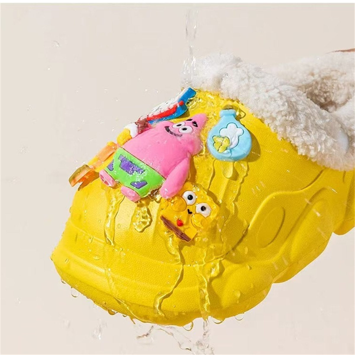 Children's autumn and winter boys and girls' SpongeBob SquarePants plush warm furry shoes non-slip soft bottom closed toe cotton slippers