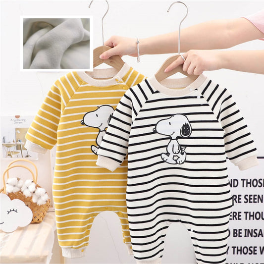 Infant and Toddler Autumn Plus Velvet Striped Snoopy Pullover Romper