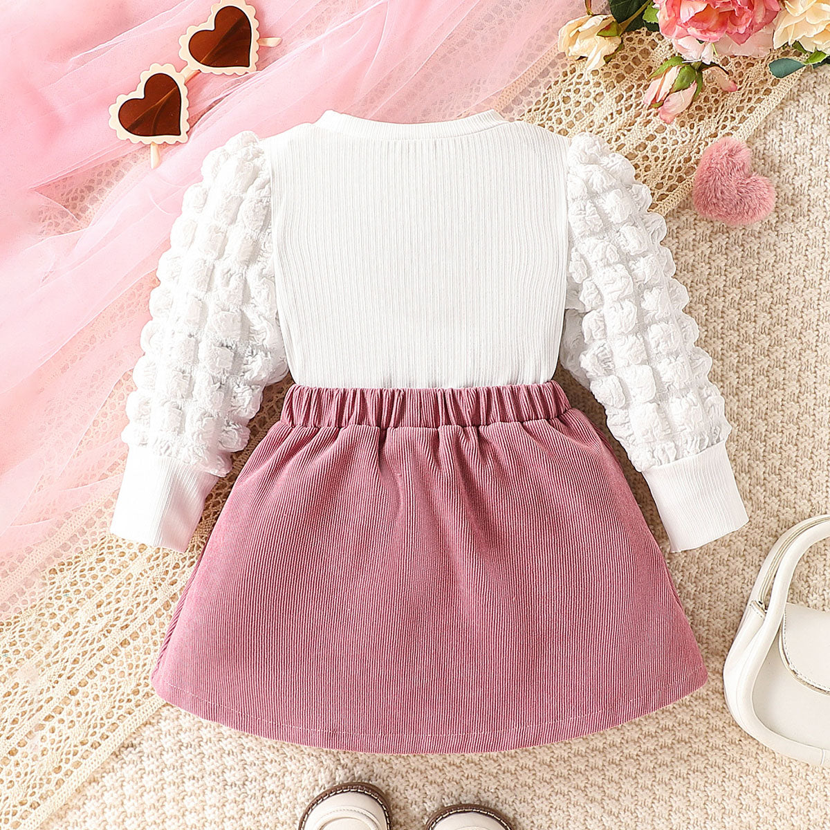 2 Pack Baby Girls Casual Cute Popcorn Texture Fabric Bubble Long Sleeve Round Neck Triangle Bodysuit and Decorative Three-Dimensional Bowknot Short Skirt Winter