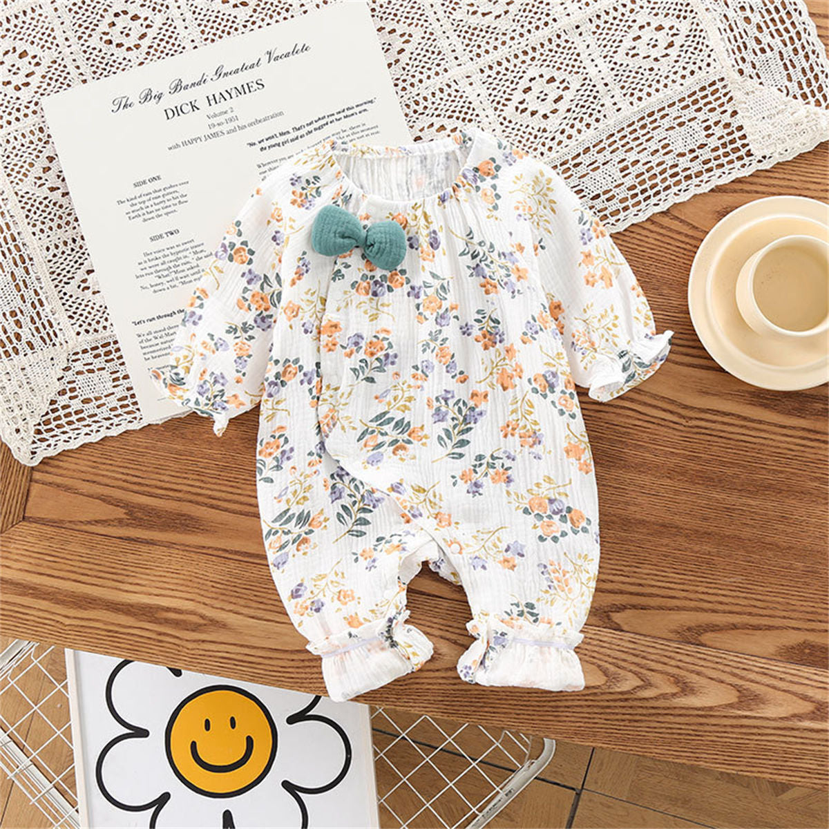 Infant summer gauze jumpsuit gauze bow side-opening romper floral print