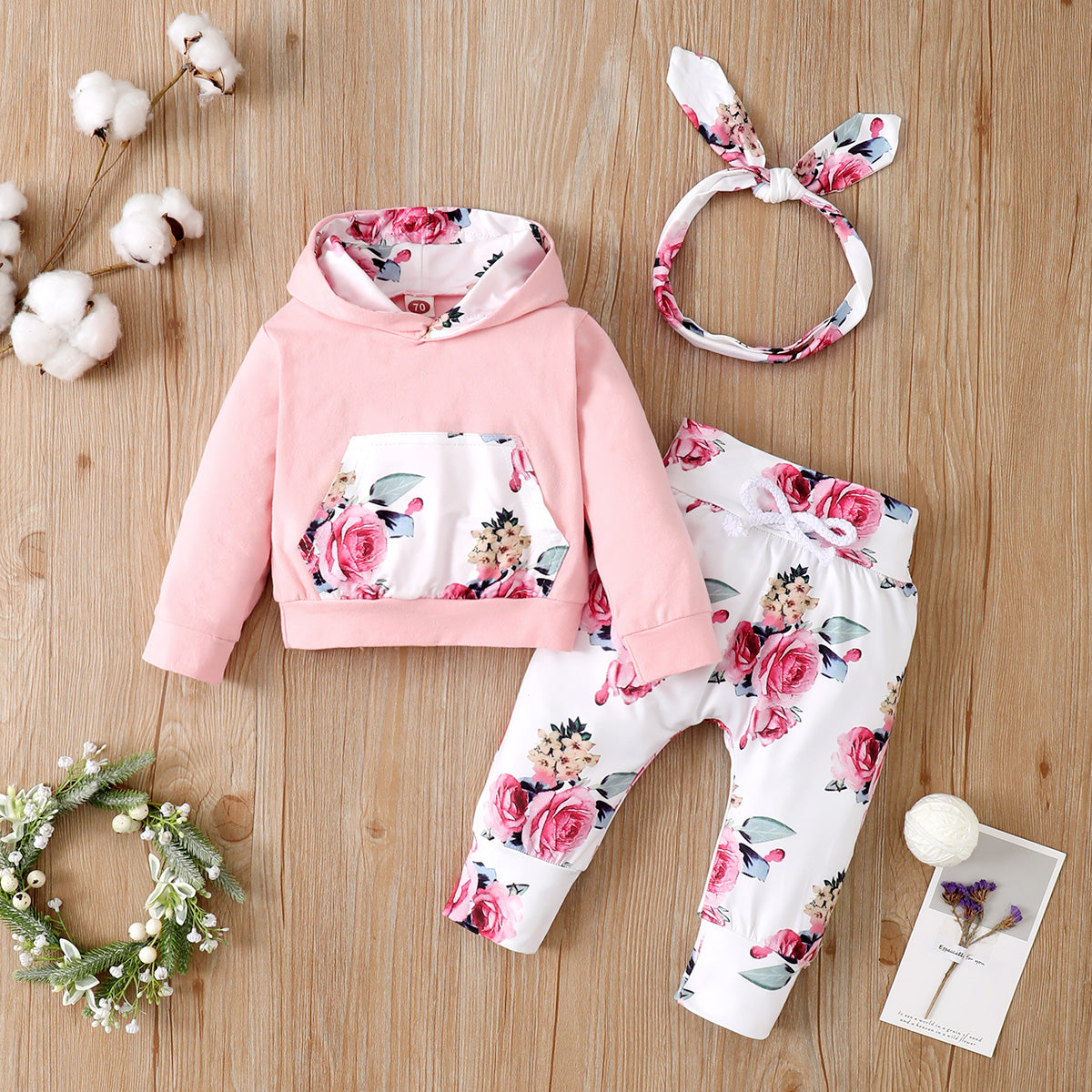 Baby Floral Printed Long-sleeve Hoodie & Pants With Headband