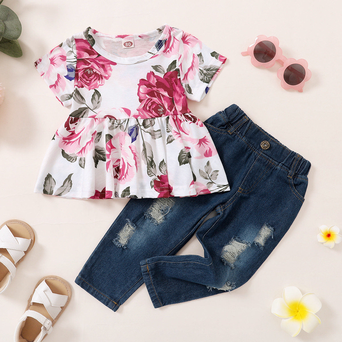 Large floral print denim suit