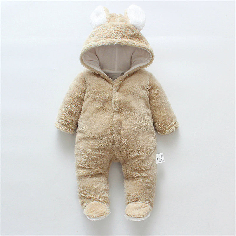 Baby Solid Color Bear Ear Plush Long-sleeved Long-leg Romper