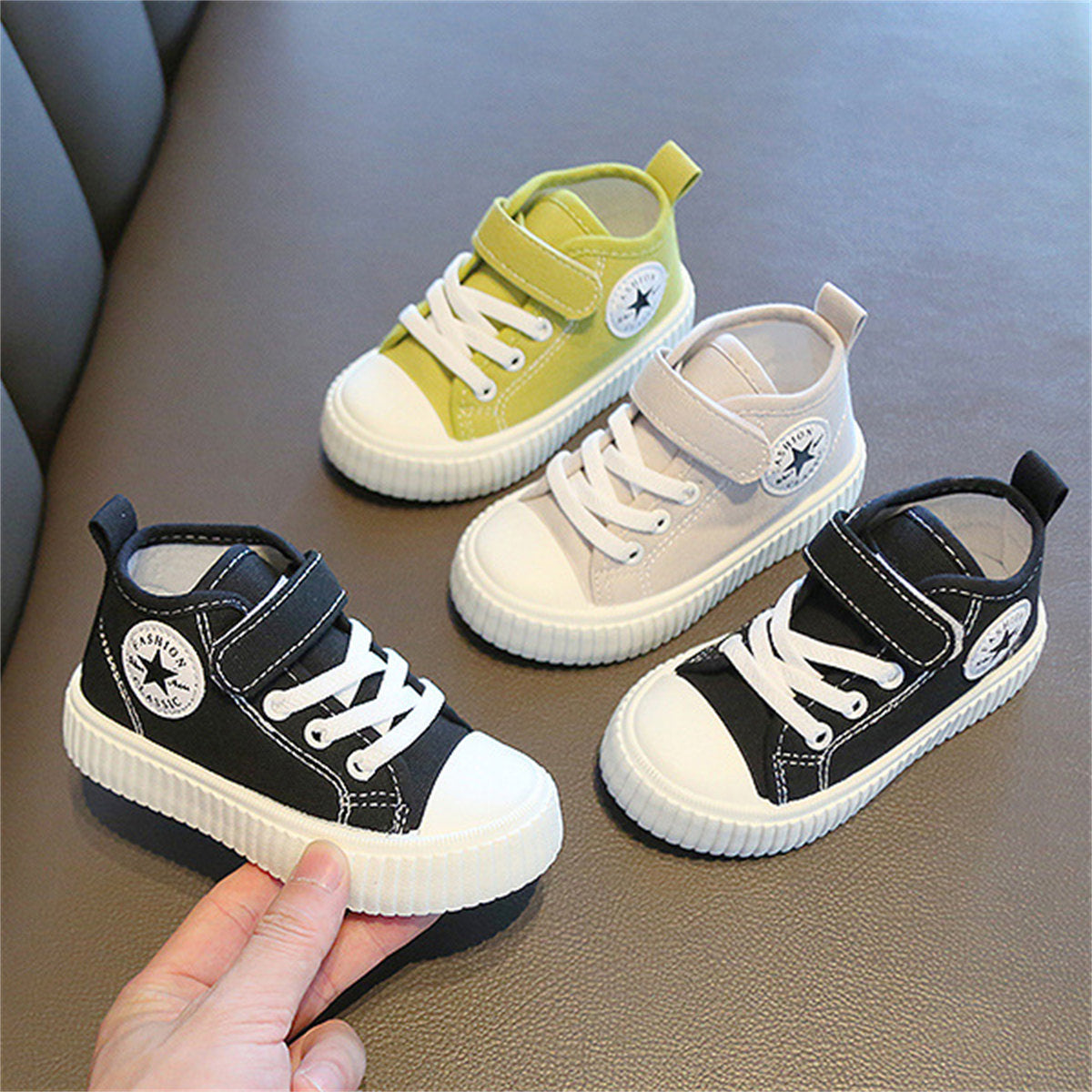 Children's and boys' spring and autumn pure color simple casual style Velcro high-top canvas shoes