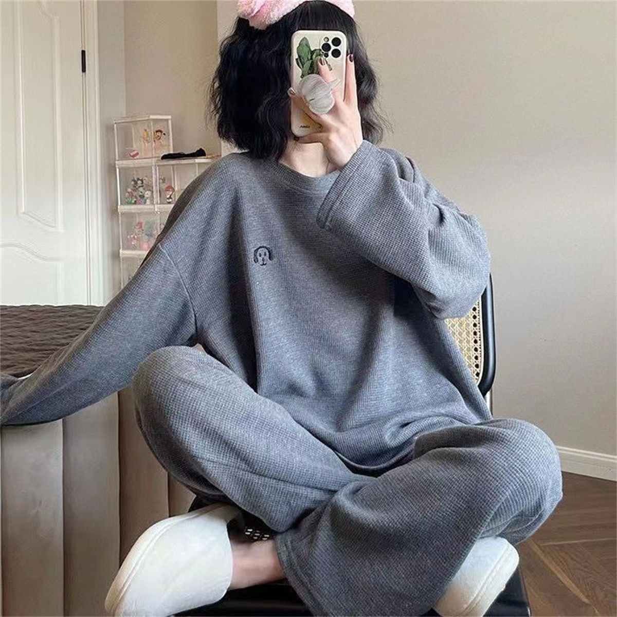 Long-sleeved waffle pajamas sweet girl round neck loose home clothes