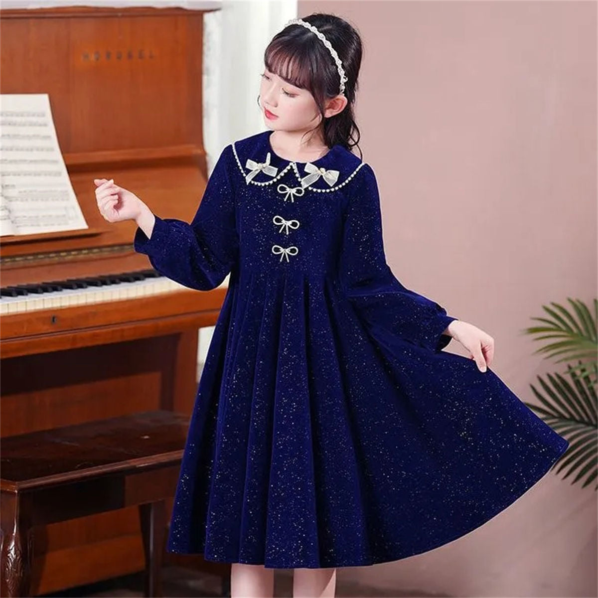 Winter solid color exquisite lady style shiny bow long sleeve dress for middle and large children girls