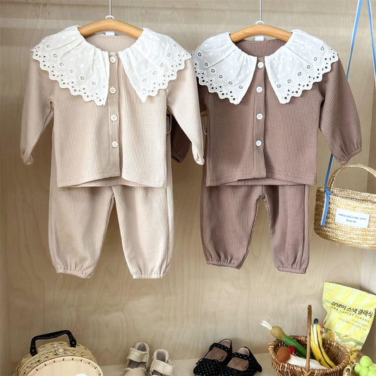 Baby Girl Lapel Long Sleeve Top + Pants Waffle Two Piece Set