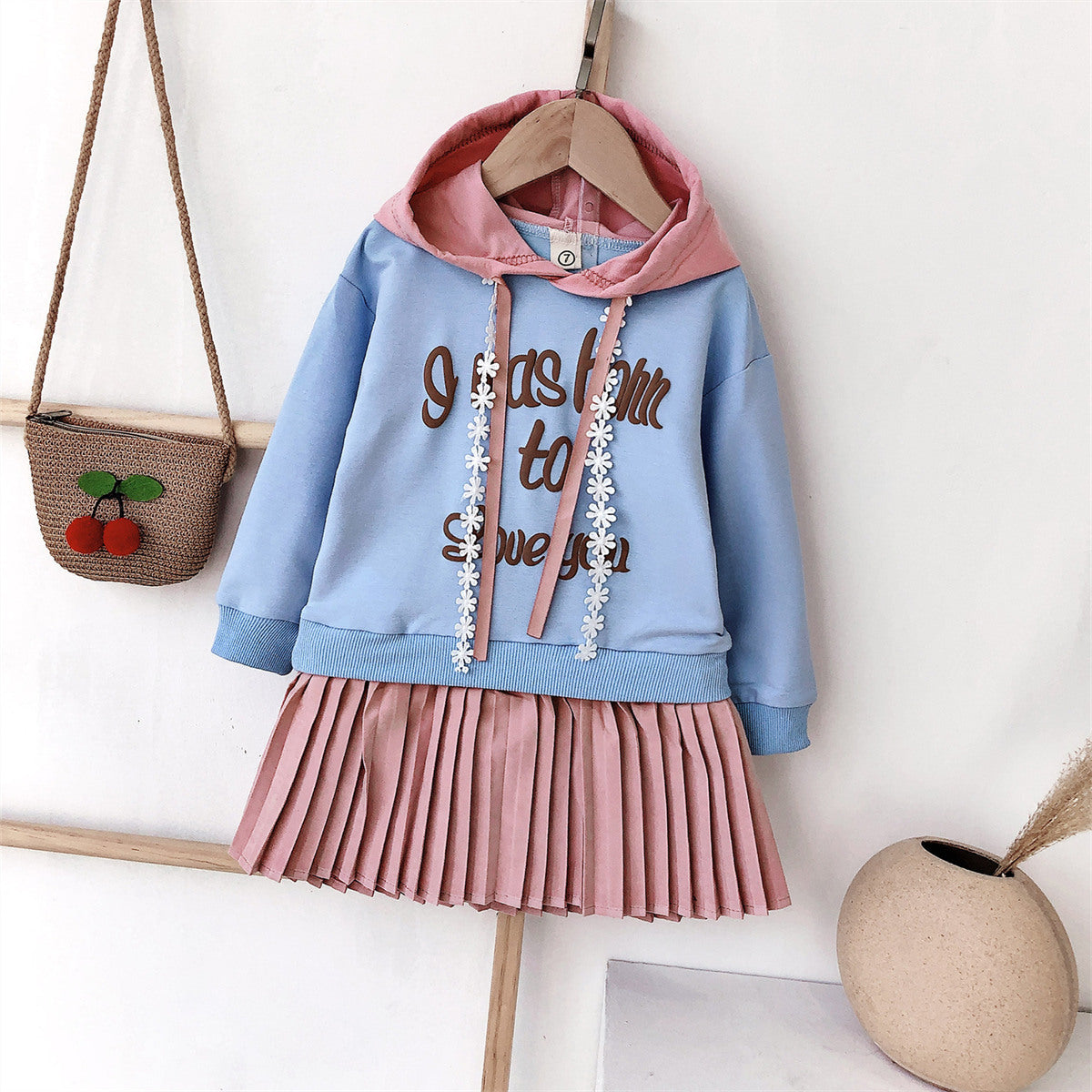 2-piece Letter Pattern Hoodie & Pleated Skirt for Toddler Girl