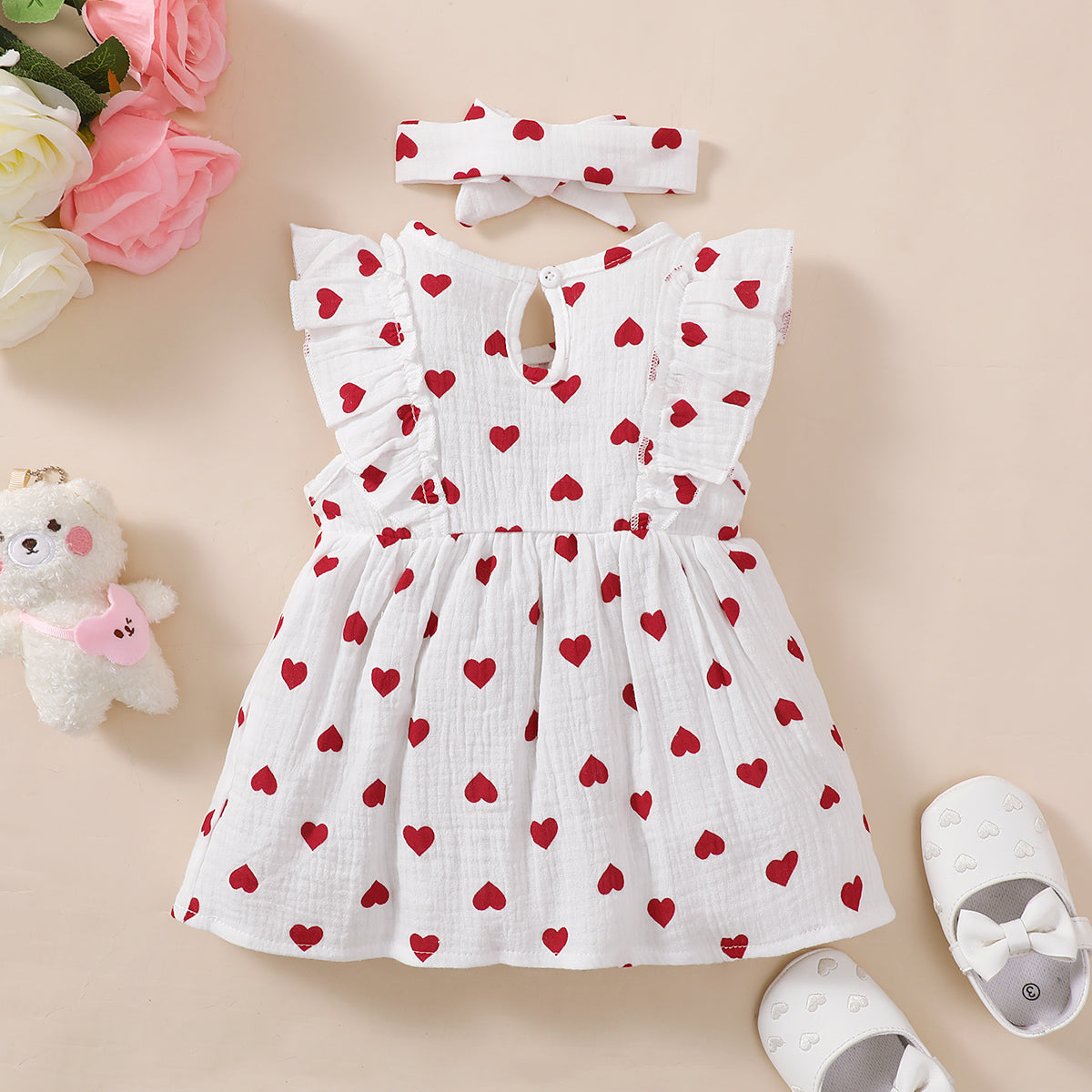 2-piece Baby Girl Pure Cotton Allover Heart Pattern Bowknot Decor Sleeveless Dress & Headwrap