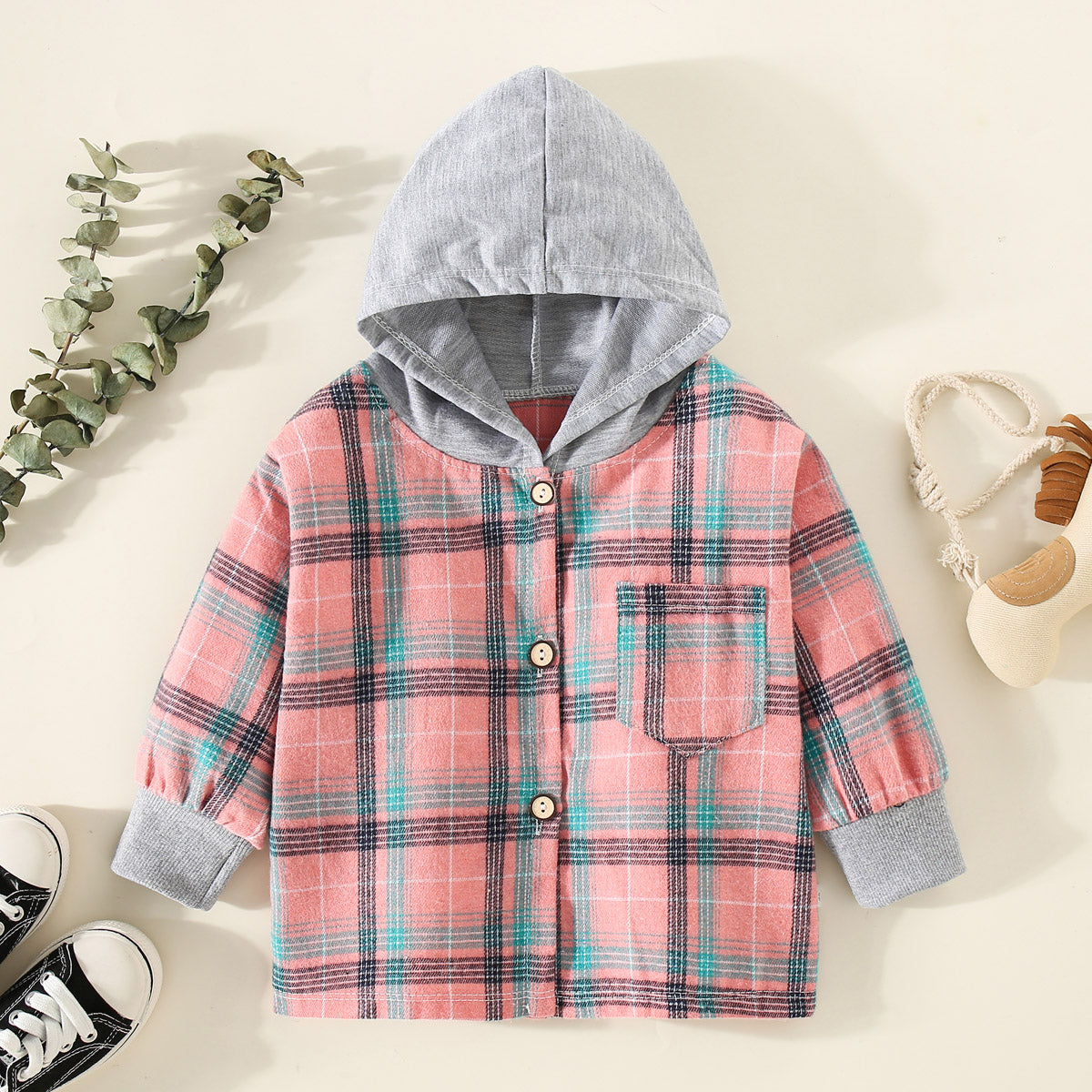 Children's spring and autumn shirts, children's clothing, boys' hooded plaid shirts, girls' baby long-sleeved plaid bottoming coats and tops