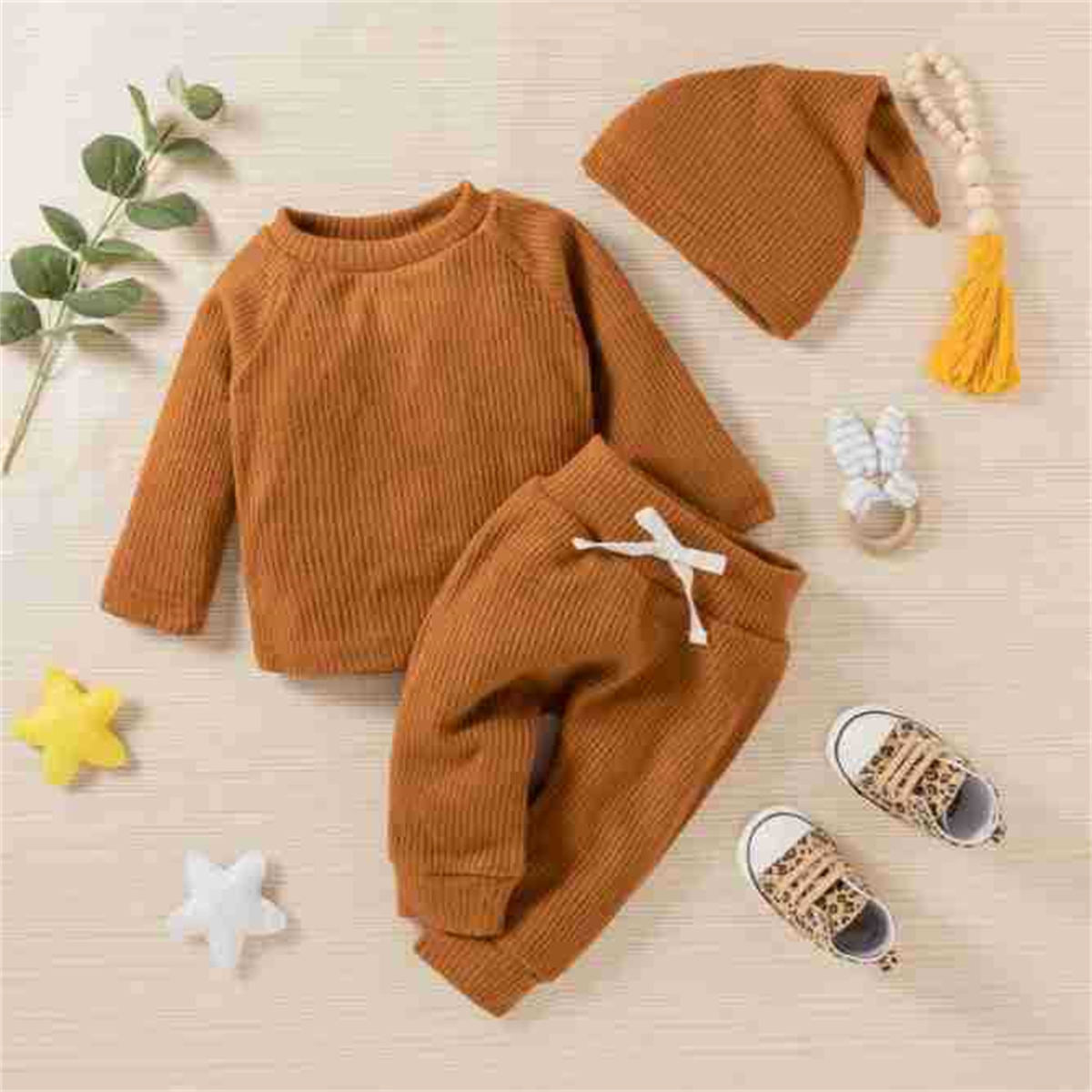 Infant and toddler knitted jacquard solid color three-piece sweatshirt children's clothing