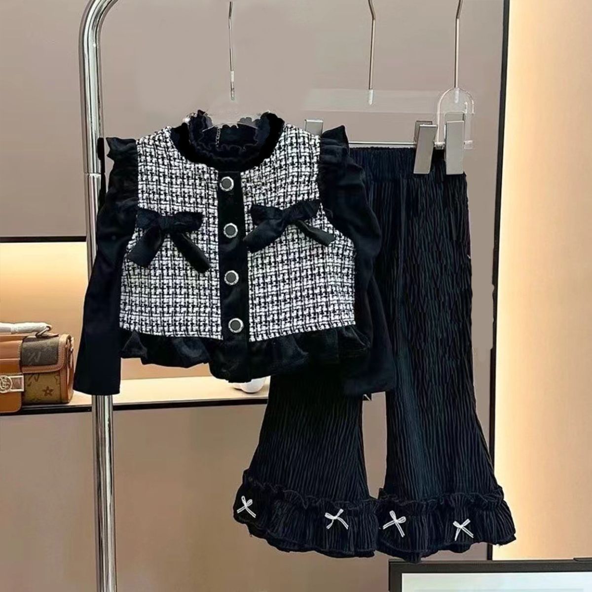 Girls Spring Suit Baby Girls Chanel Vest Bell-bottom Pants Girls Spring and Autumn Two-piece Suit