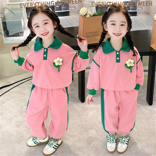 Autumn color matching cute sweet style flower T-shirt suit for middle and large children girls