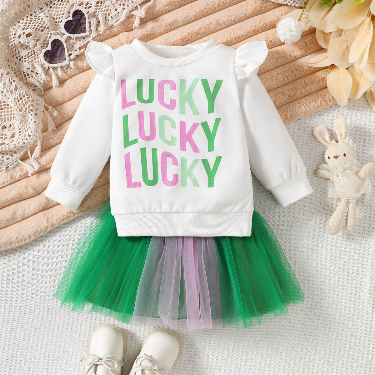 Girls Spring Long Sleeve Letter Sweater Color Block Mesh Tutu Skirt Set