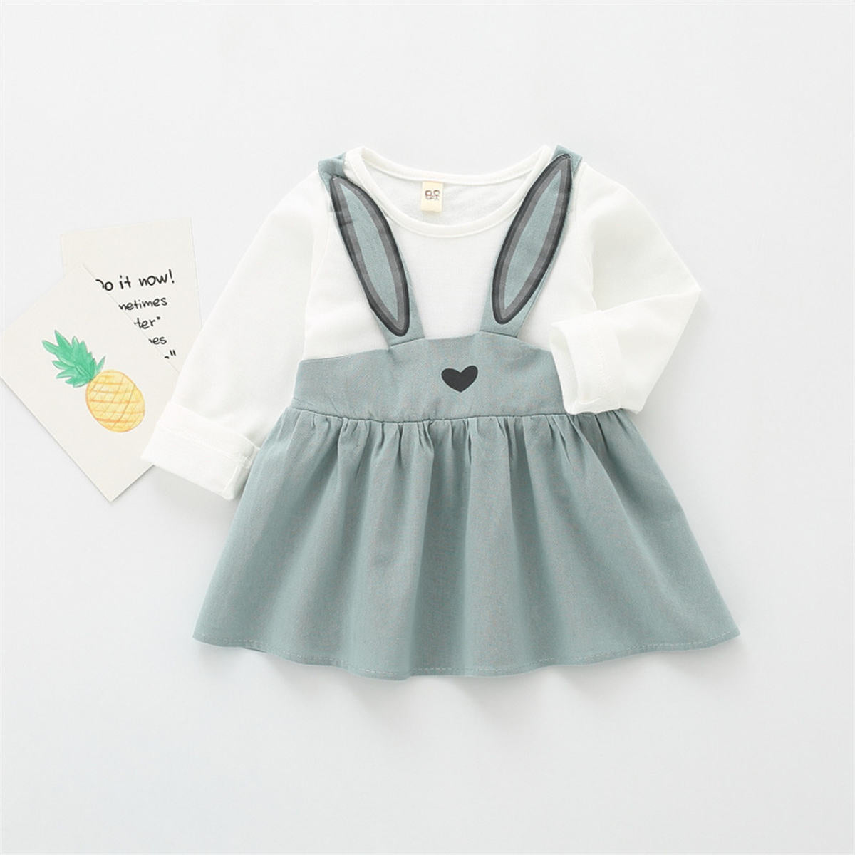 Girls solid color rabbit ears fake two-piece long-sleeved dress