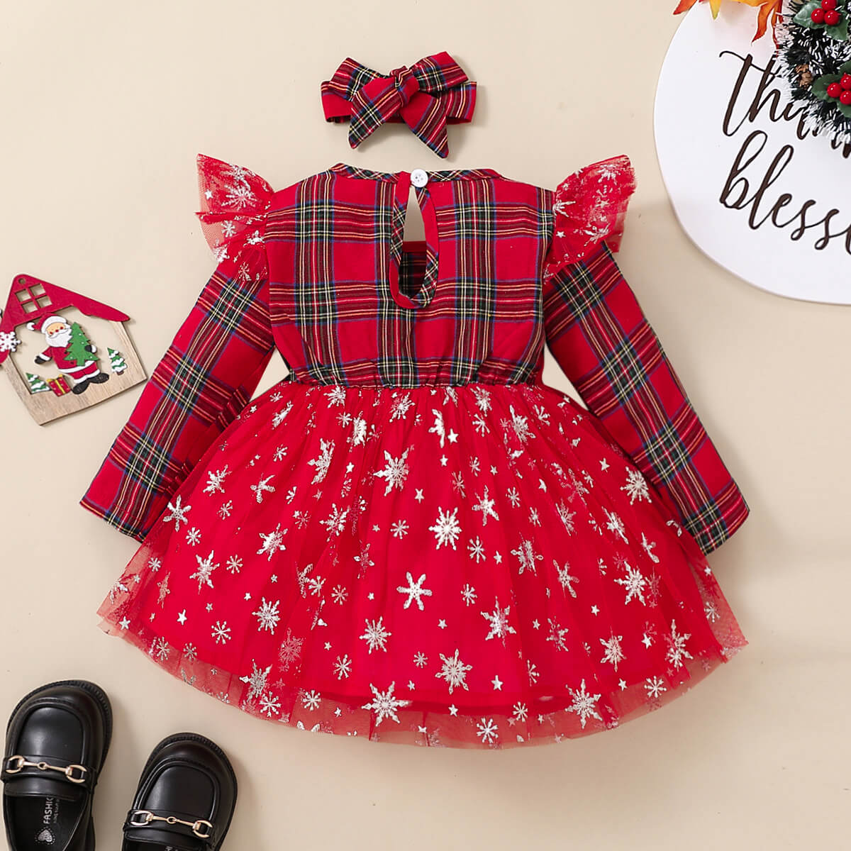 2-piece Baby Girl Christmas Plaid Letter Printed Allover Star Decor Mesh Patchwork Long Fly Sleeve Dress & Plaid Bowknot Headwrap