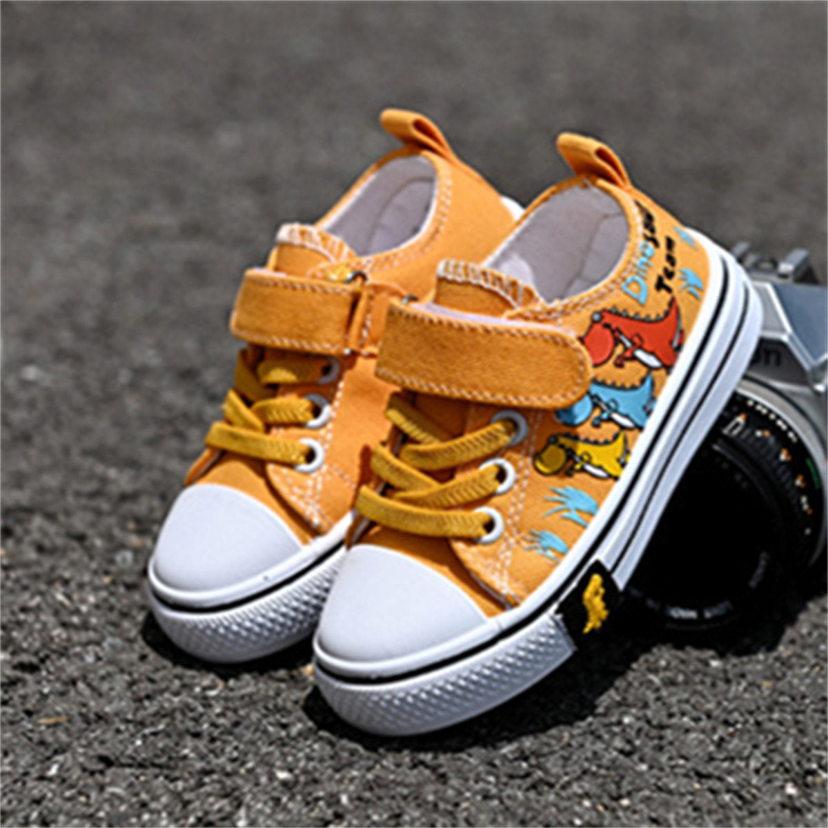 Toddler Boys Cartoon Dinosaur Pattern Velcro Supportive Lightweight Low-top Canvas Shoes