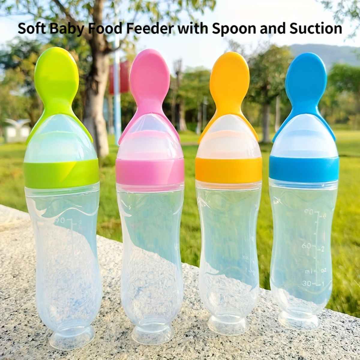 Silicone baby food squeezing rice cereal spoon with suction cup