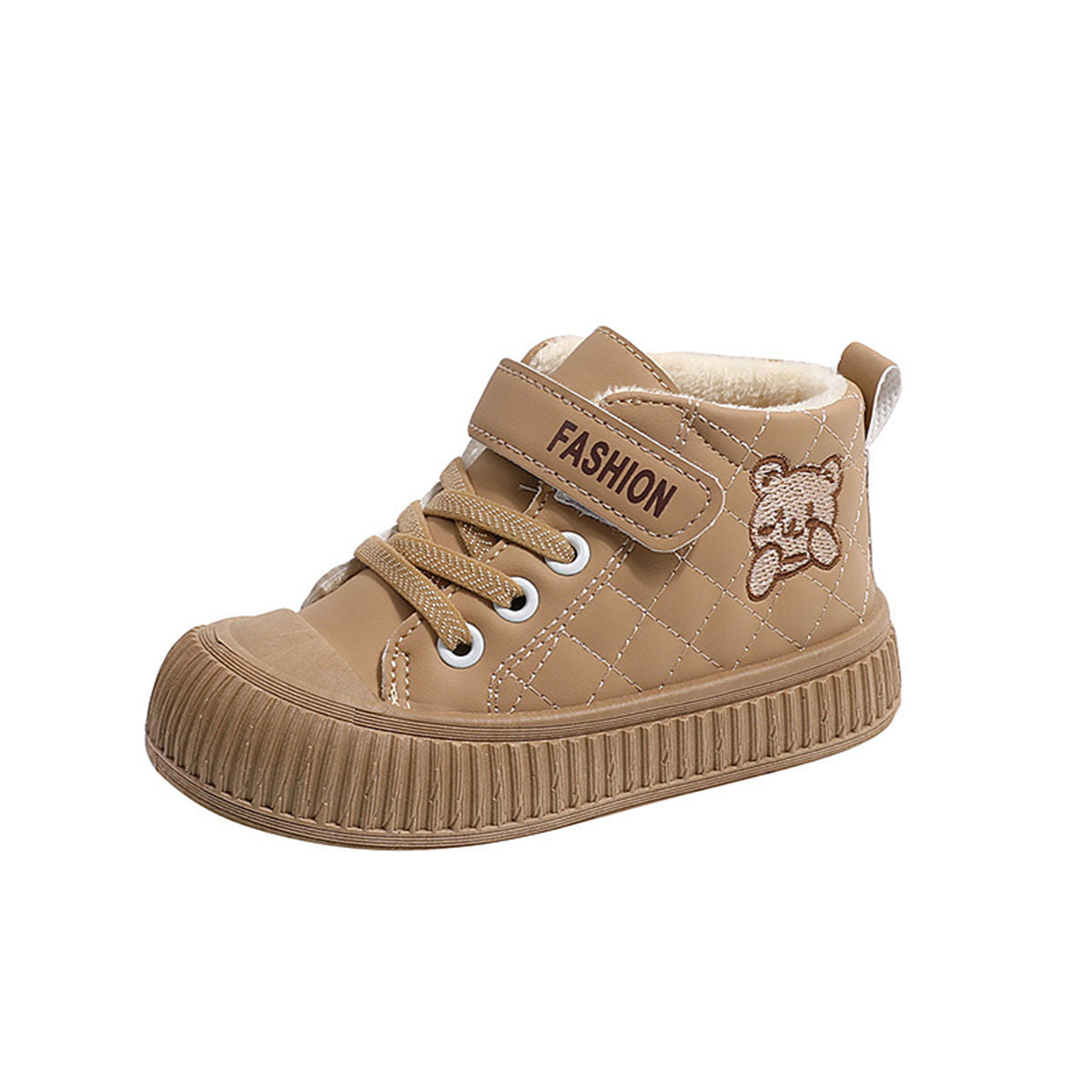 Children&#39;s winter velvet and cute embroidered bear waterproof soft-soled high-top sneakers