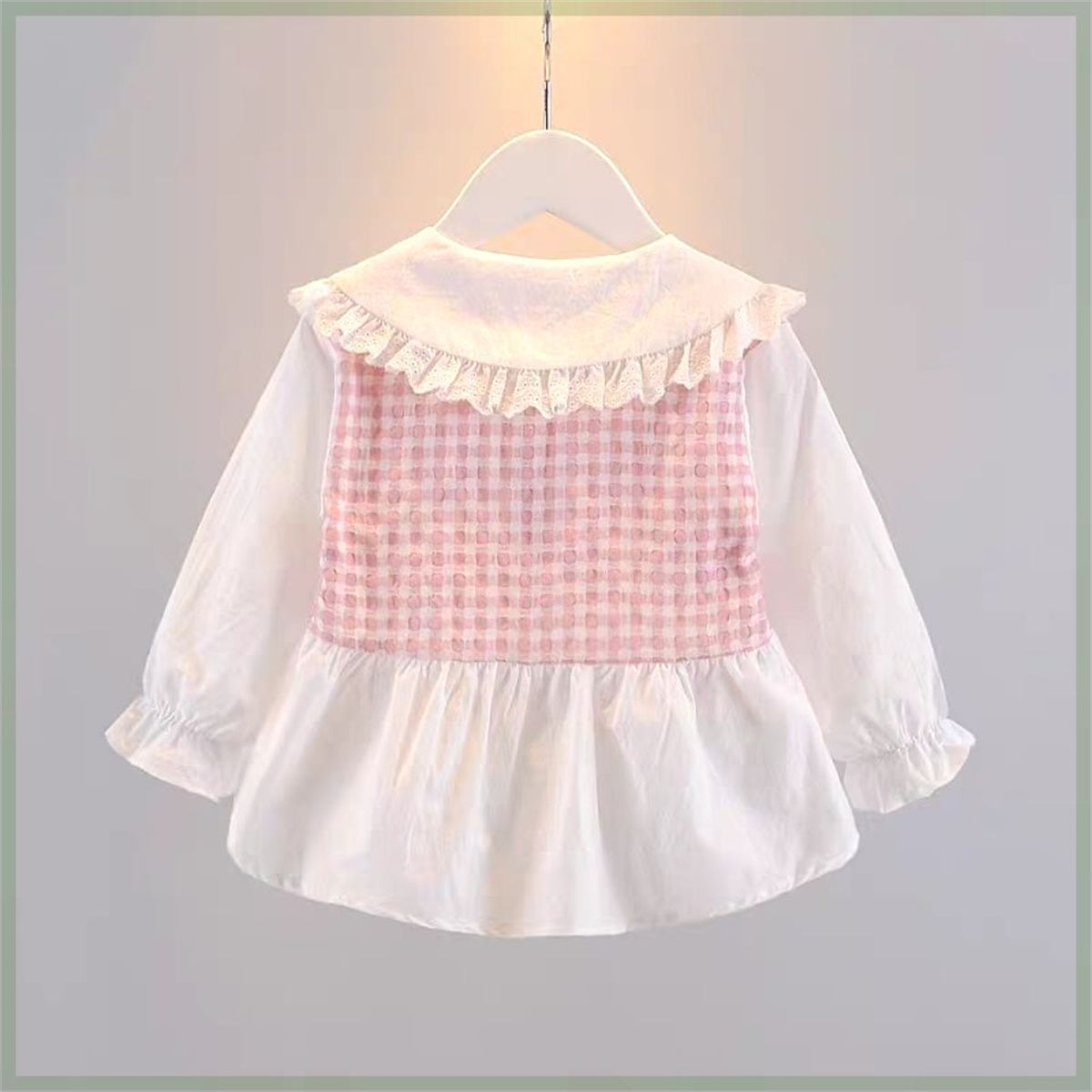 Girls Spring Long Sleeve Princess Style Plaid Fake Two-piece Shirt