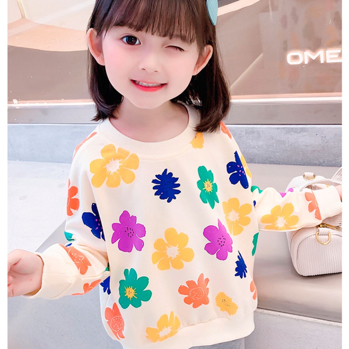 Children's spring and autumn new baby girl fashion cartoon full print flower sweater two-piece set small fresh suit