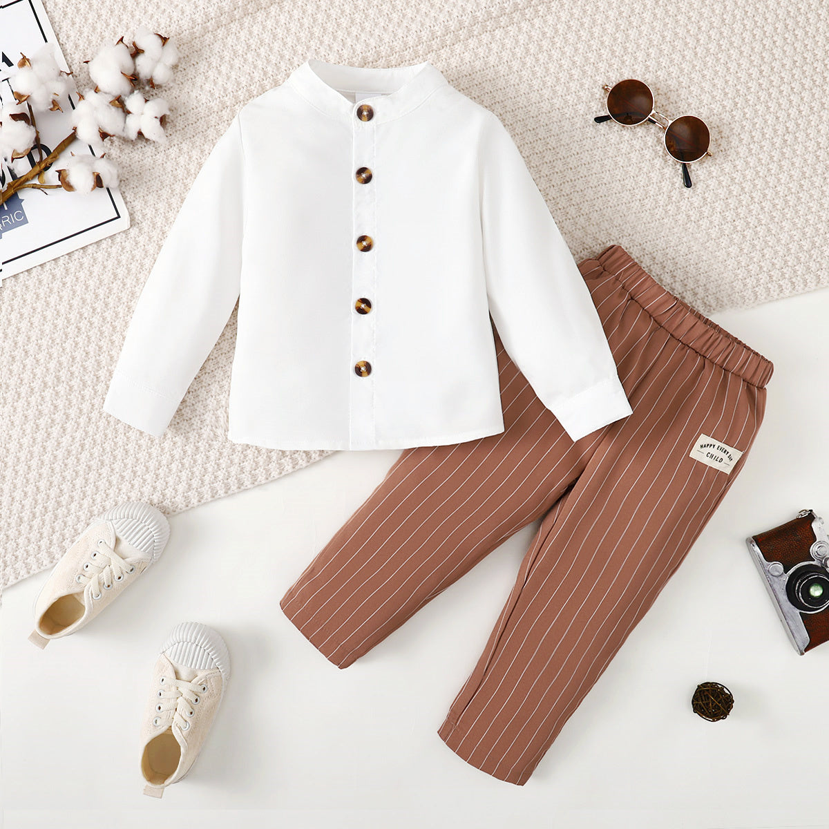 2-piece Toddler Boy Solid Color Stand Up Collar Long Sleeve Shirt & Matching Suspender Pants