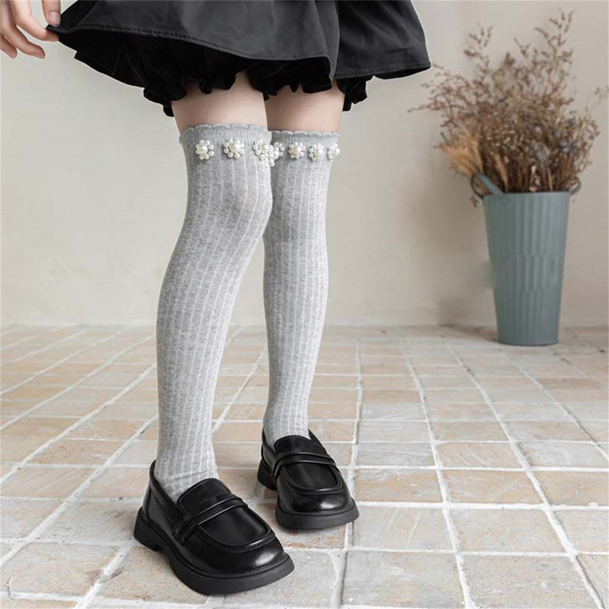 Girls Princess Sweet Style Flower Pearl Stockings