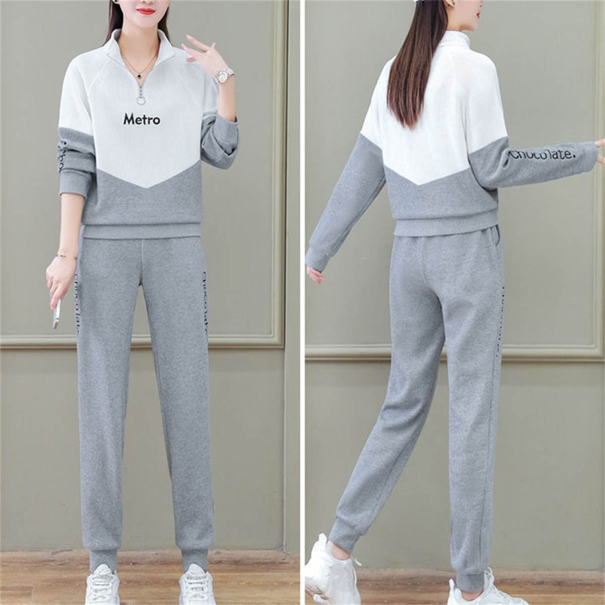 Women's sports large size stand collar sweatshirt suit