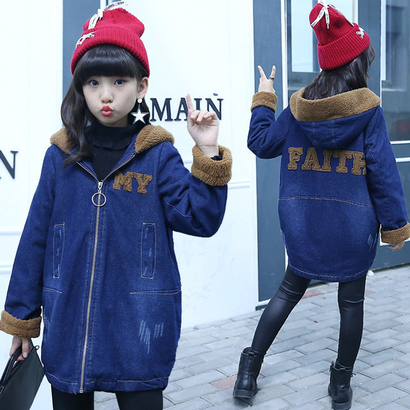 Girls' velvet denim windbreaker hooded long fashionable coat