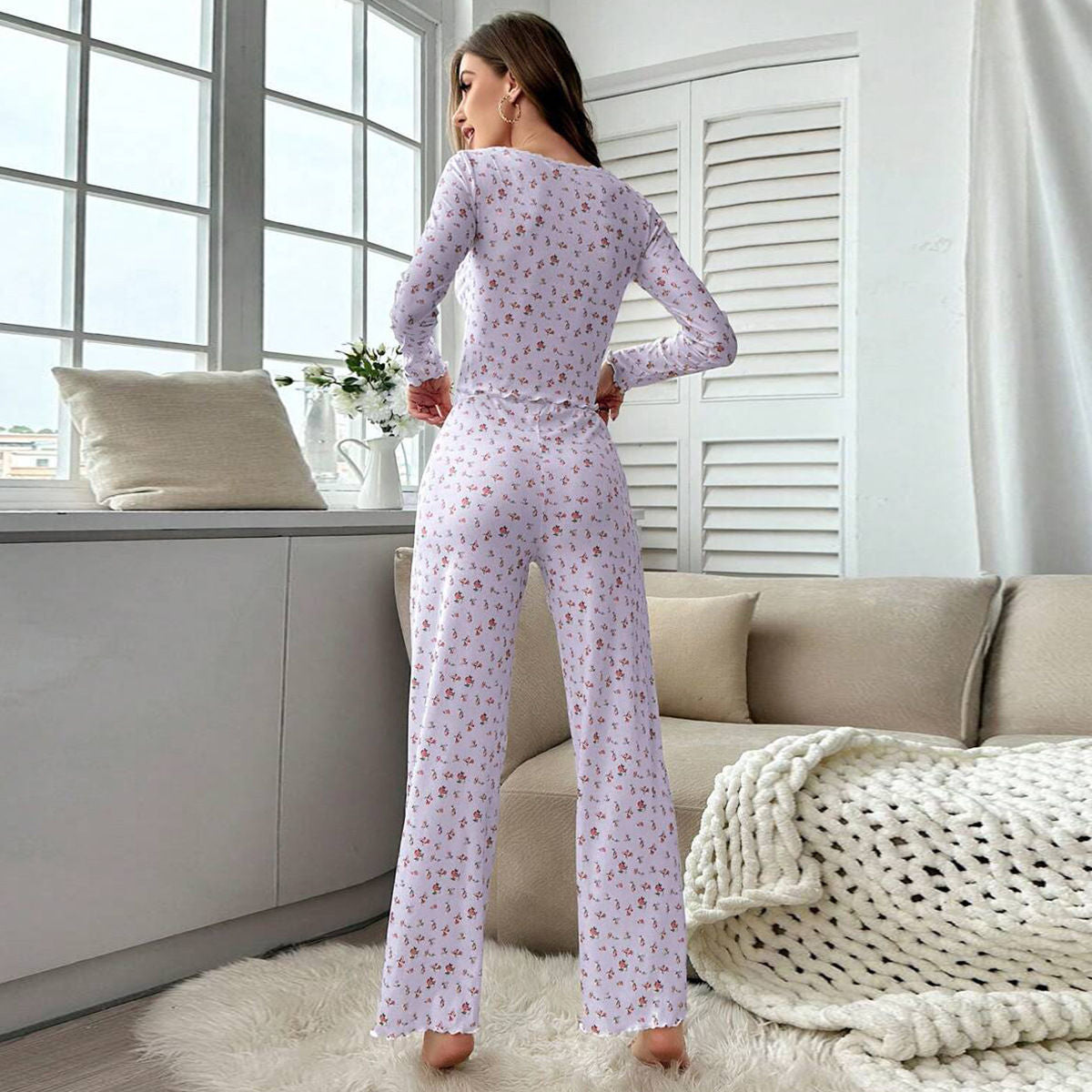 Home wear long sleeve long pants pajamas two piece set