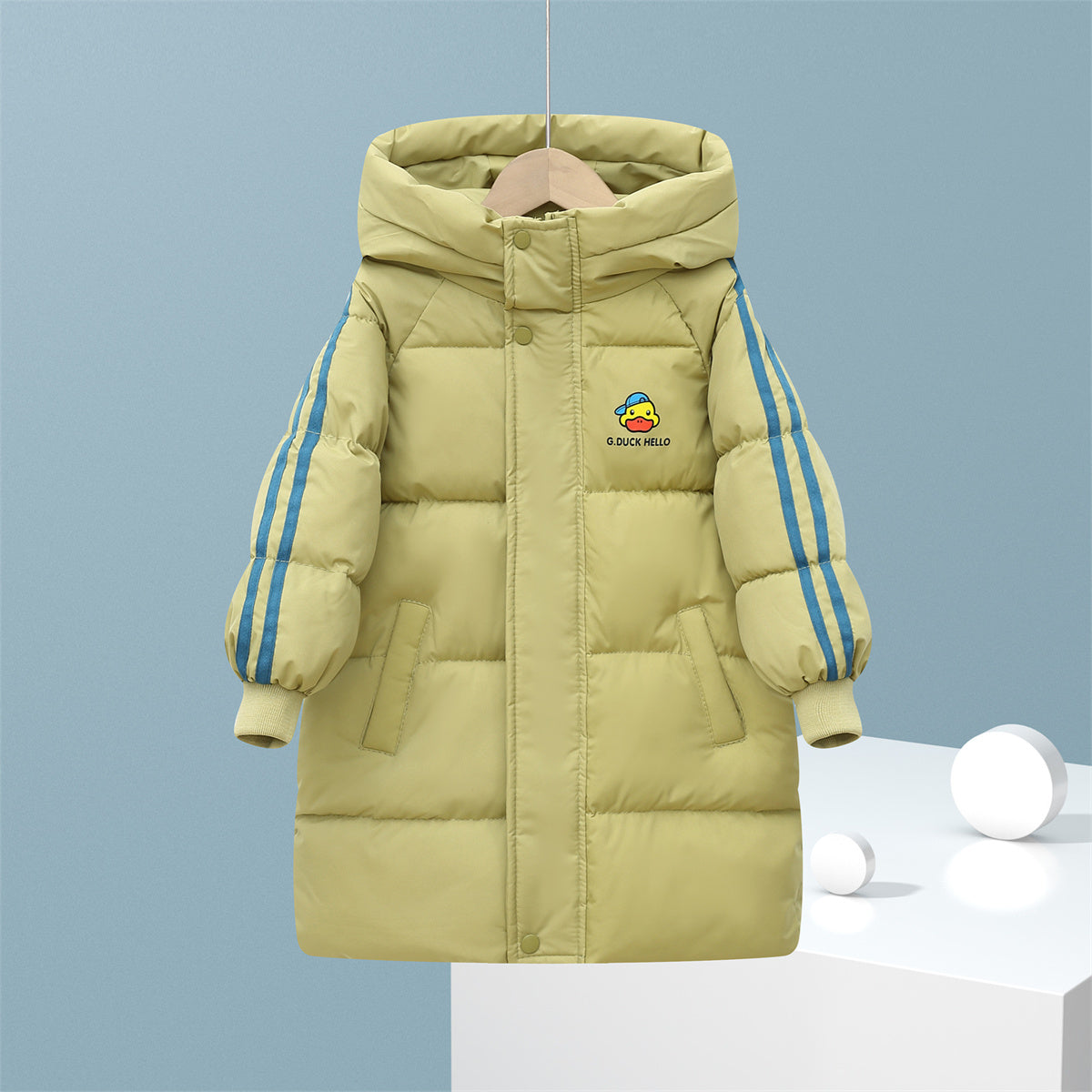 Winter yellow duck cute solid color waterproof warm long down jacket for boys and girls