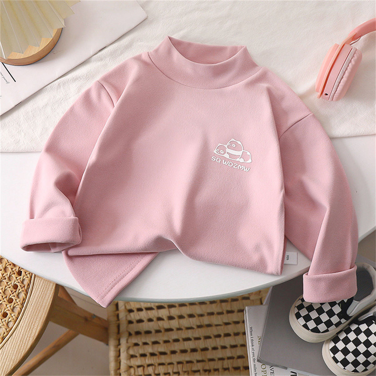 Winter half-high collar inner wear for medium and large children's boys and girls, warm and cute patterned bottoming shirts