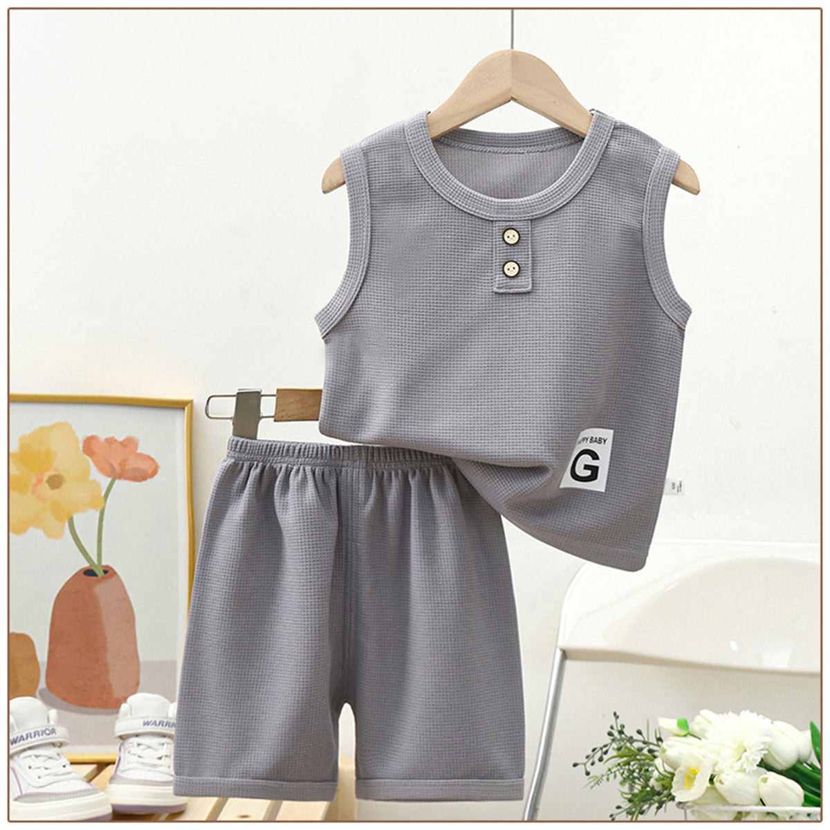 Children vest suit summer waffle boys girls shorts summer clothes