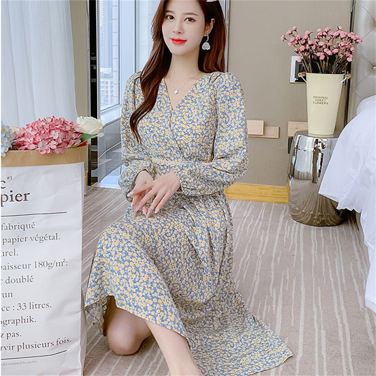 Women's floral dress V-neck slim waist long dress