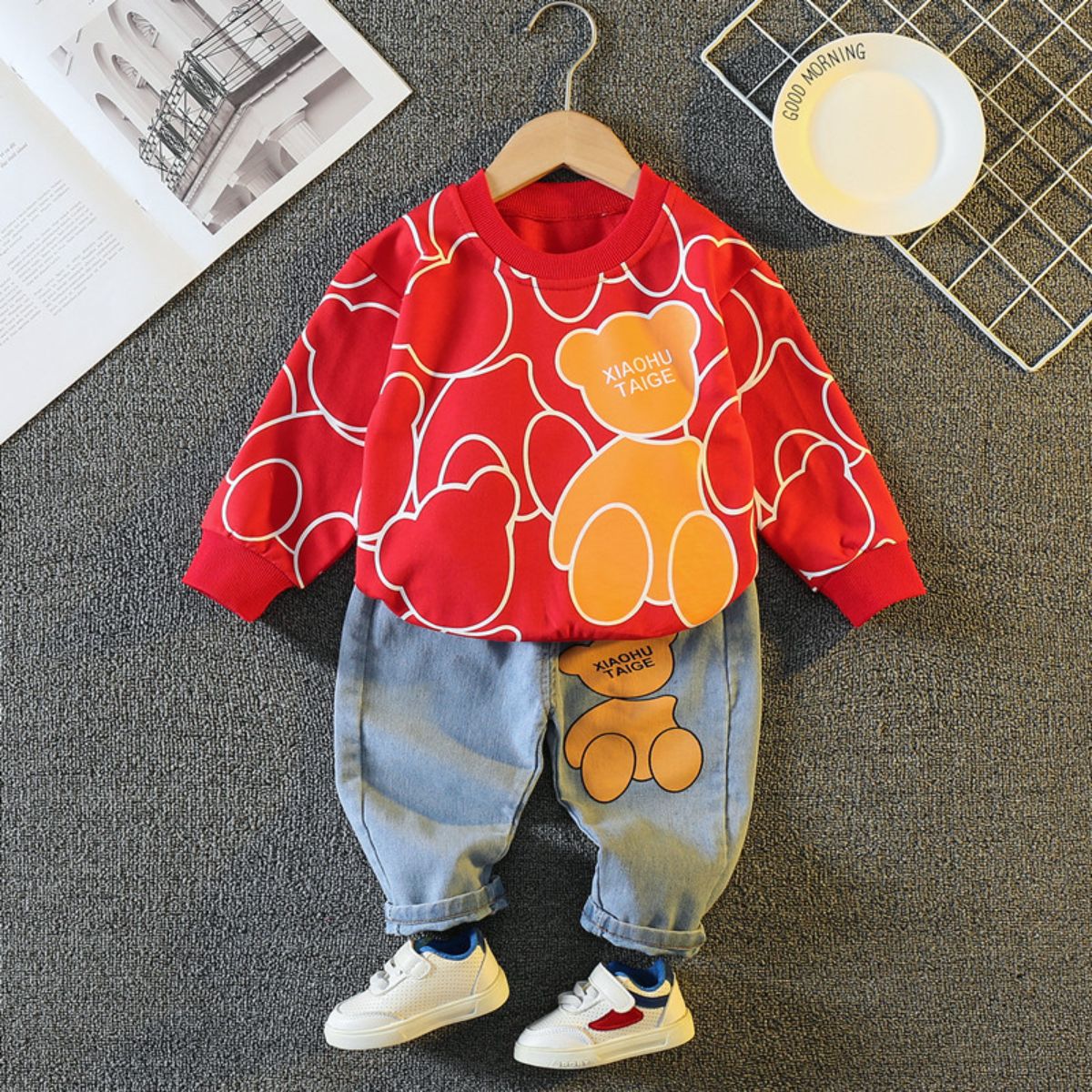 Baby autumn suit children's spring and autumn style boy's denim bear suit two-piece suit