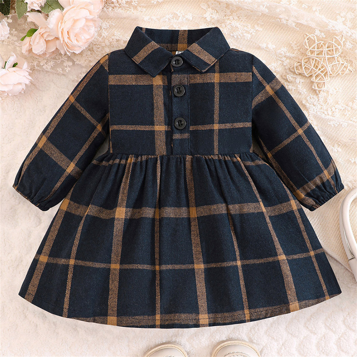 Girls plaid spring and autumn long-sleeved shirt dress